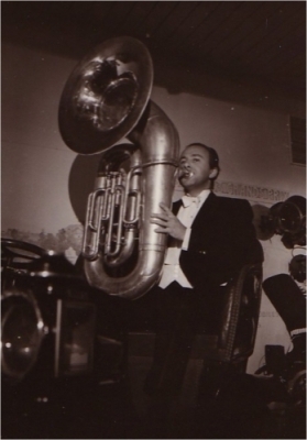 Happy John Arthy, no longer a baker, but a sousaphone player in his  orchestra. (1970)